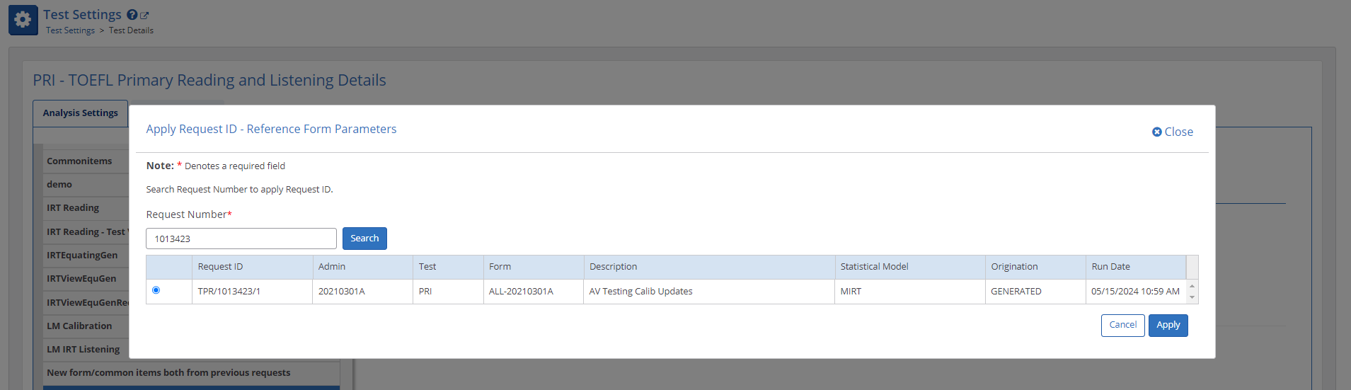 Equating test settings params 2